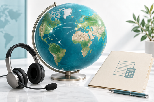 AI-generated illustration of a globe, headset and estimate folder for international enquiries.
