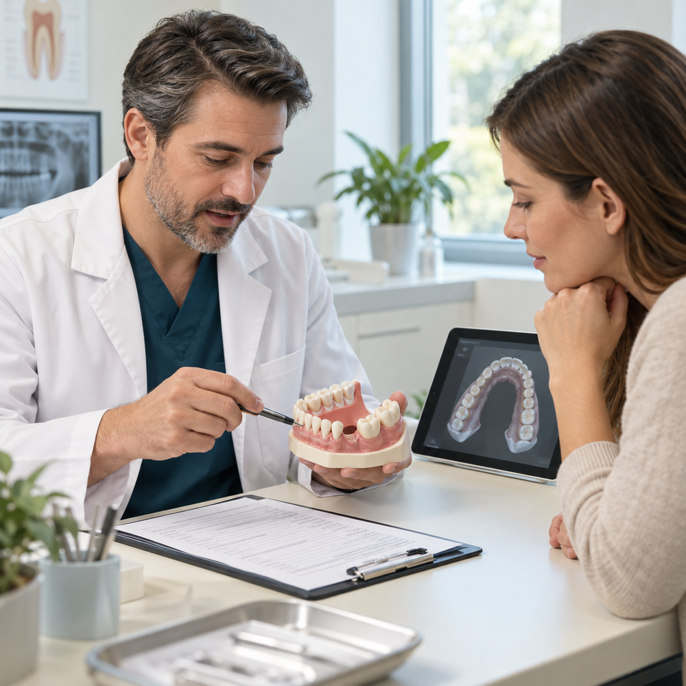 Illustrative dental examination using a mirror and assessment checklist.