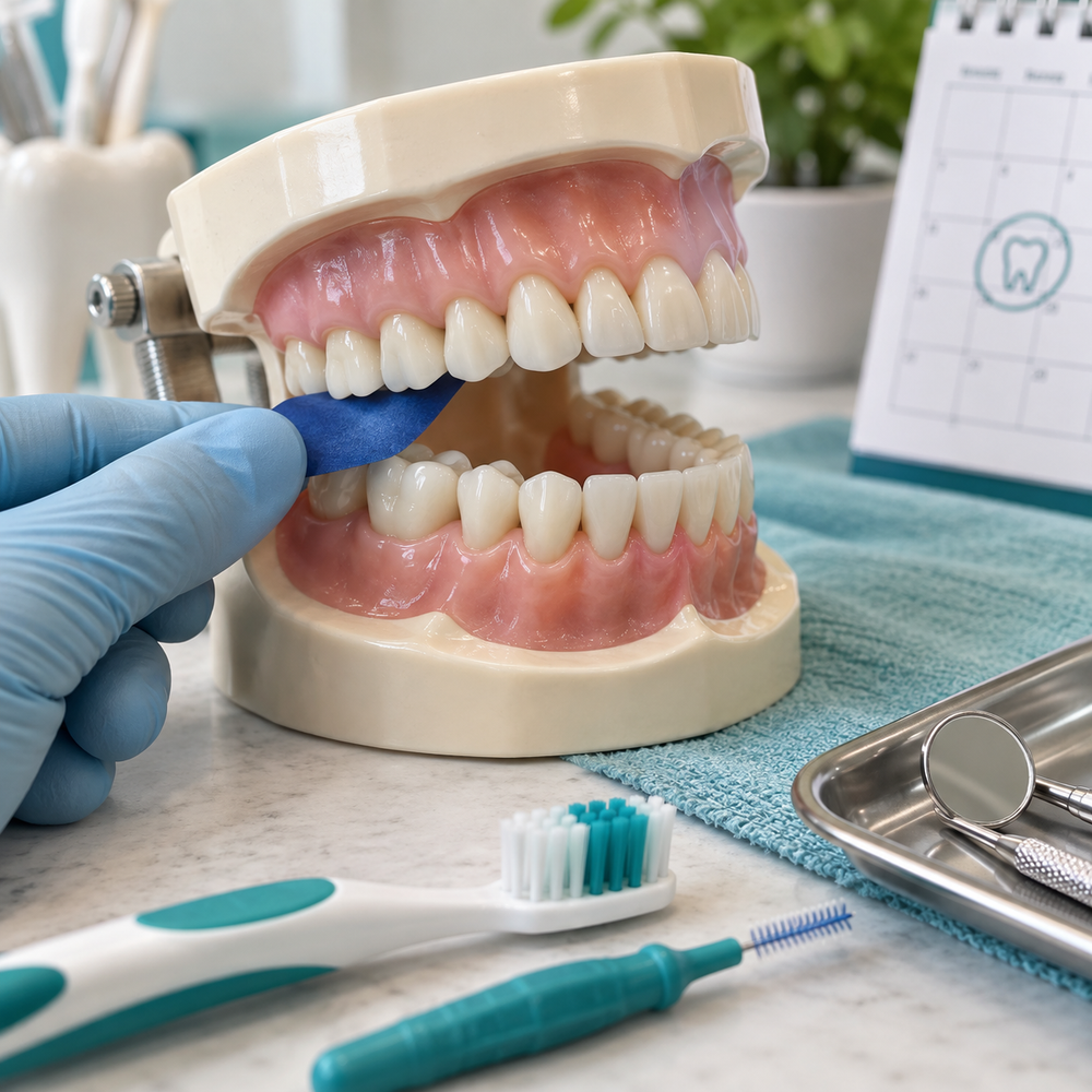 Illustrative articulating paper between upper and lower teeth to check bite contacts.