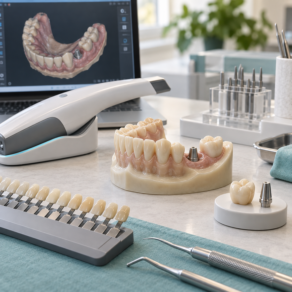 Illustrative impression tray or intraoral scanner, crown and abutment components, and fabrication model.