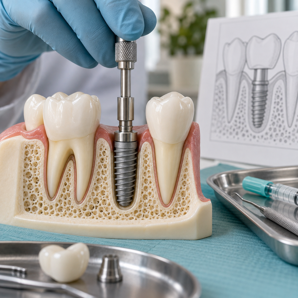 Illustrative tooth-position plan, anaesthetic syringe and implant placement model.