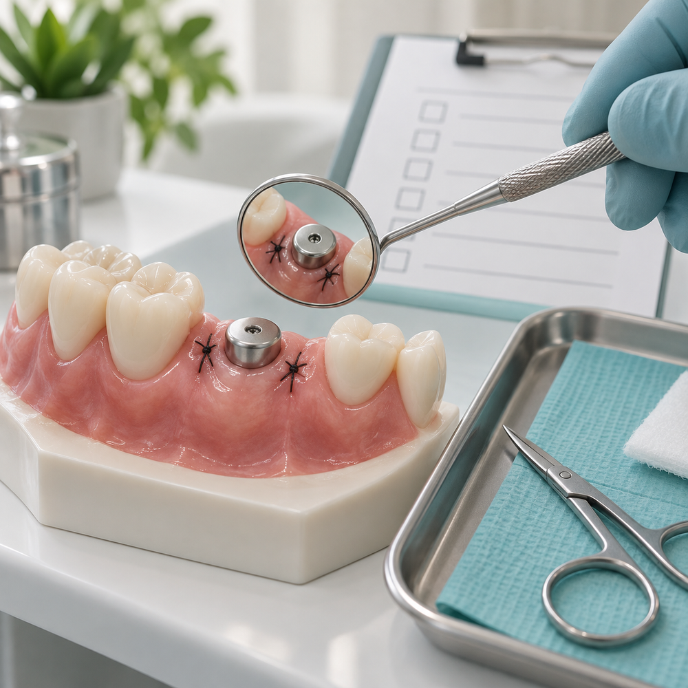 Illustrative review checklist and instruments handling a gum suture.