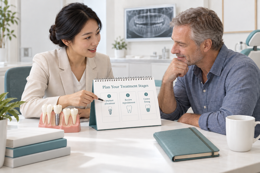 Illustrative staged dental treatment planning. Timing depends on healing and clinical assessment.
