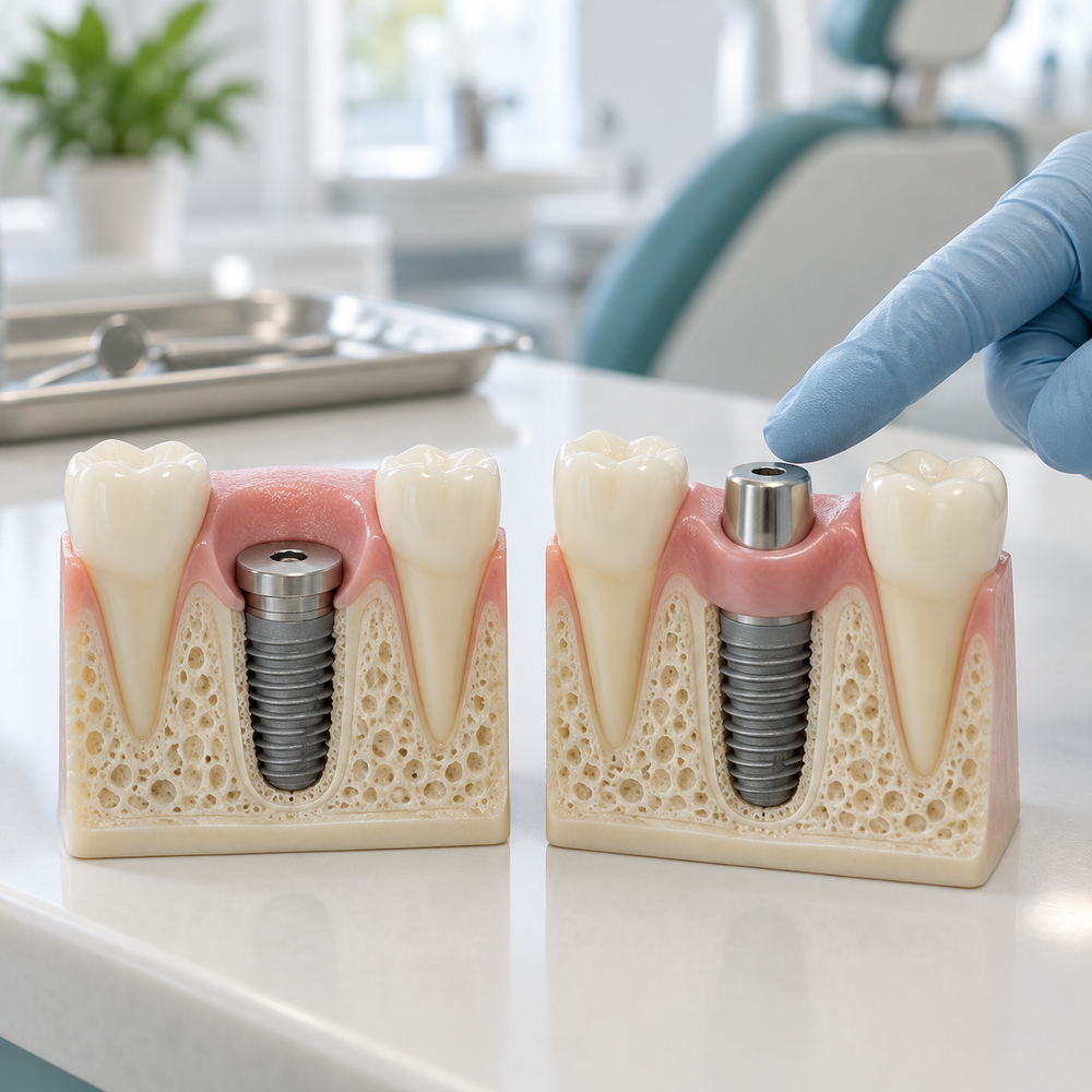 Illustrative covered implant and healing abutment with shaped gum collar; when clinically required.
