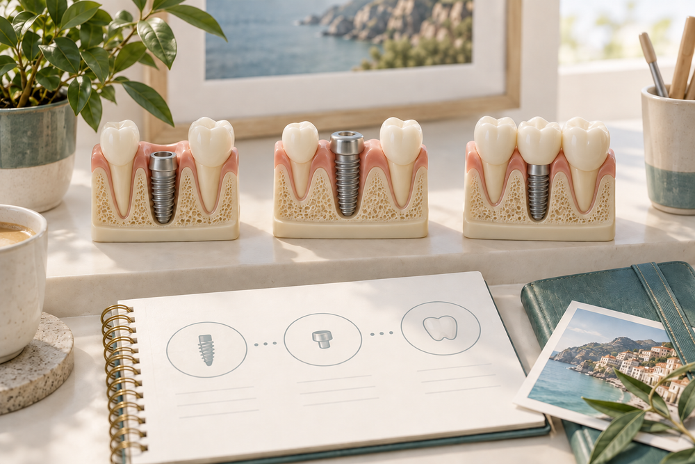 Implant placement, healing and final restoration are staged; online payment does not confirm suitability or an appointment.