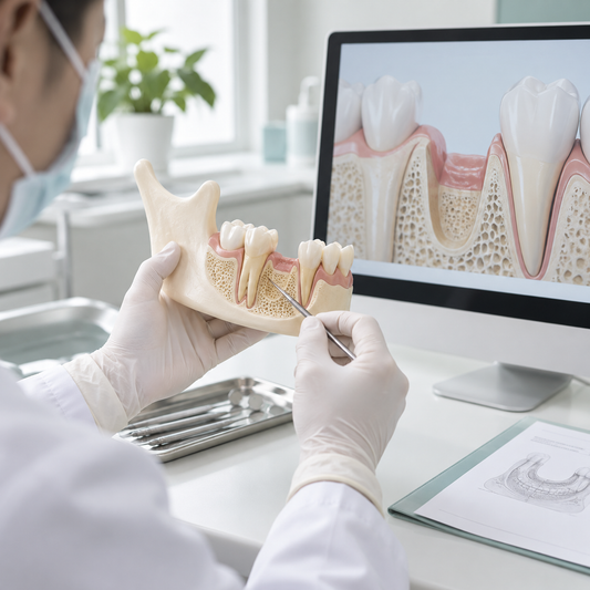 Illustrative pre-implant bone and gum assessment with educational dental models.