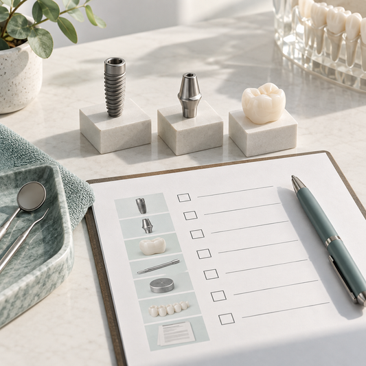 Illustrative implant, abutment and crown components beside a treatment checklist.