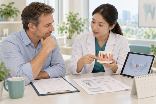 Illustrative discussion of dental history, missing-tooth goals, assessment and an itemized treatment plan.