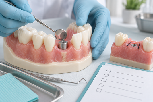 Educational model of an implant healing-stage review and suture check during treatment.