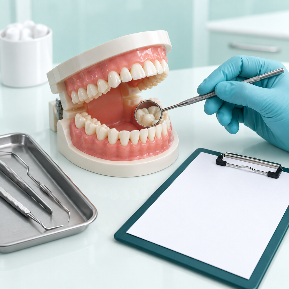 Illustrative dental examination using a mirror and assessment checklist.
