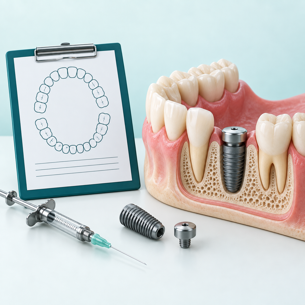 Illustrative tooth-position plan, anaesthetic syringe and implant placement model.