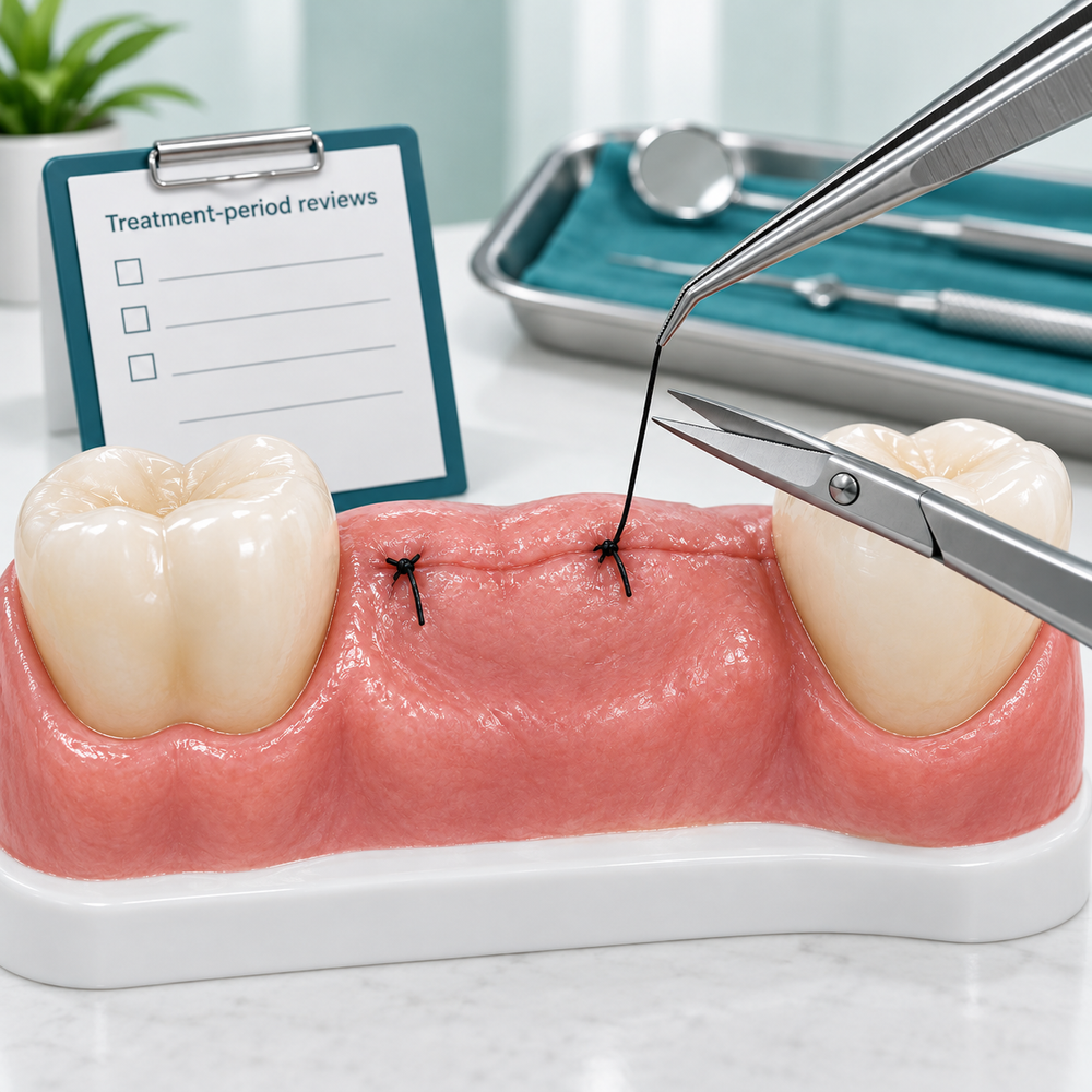 Illustrative review checklist and instruments handling a gum suture.