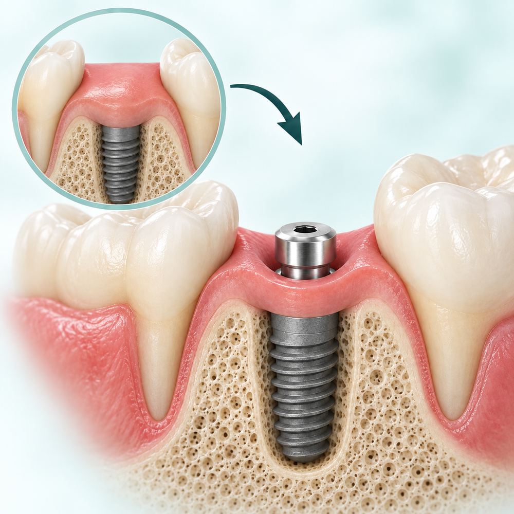 Illustrative covered implant and healing abutment with shaped gum collar; when clinically required.