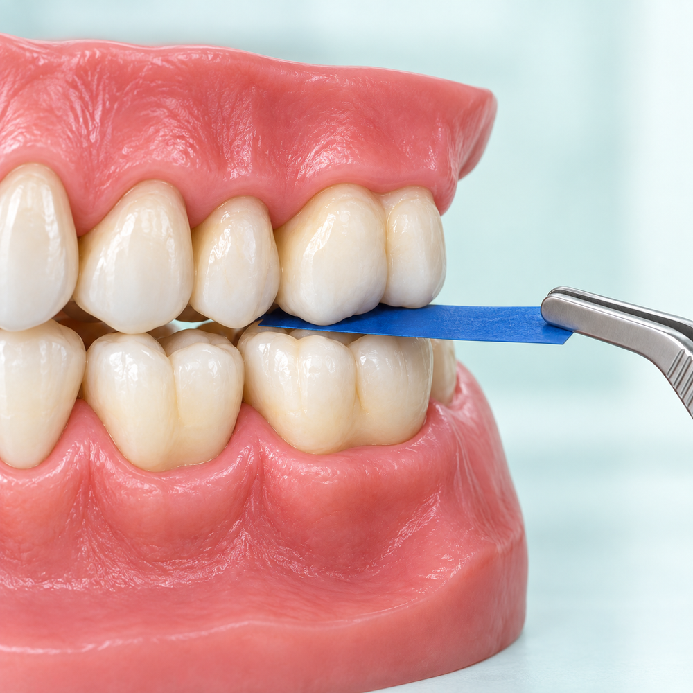 Illustrative articulating paper between upper and lower teeth to check bite contacts.