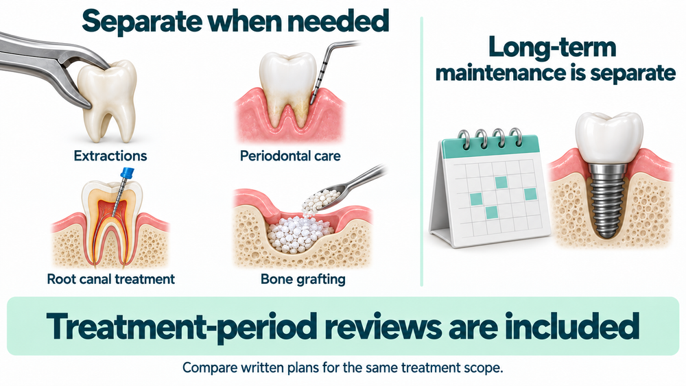 Preparatory treatments and long-term maintenance cost separately; treatment-period reviews are included.