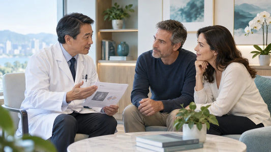 AI illustration of a Chinese oncology specialist discussing medical information with an international patient.