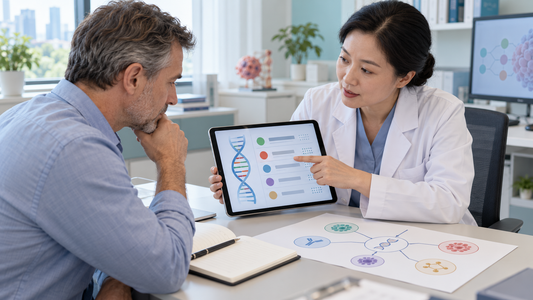 AI-generated illustration: a Chinese oncologist explains biomarker findings and the relevance of further treatment options.