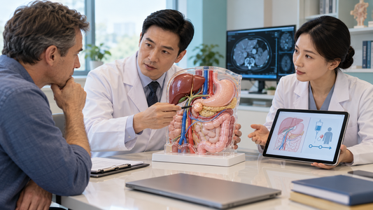 AI-generated illustration: Chinese specialists discuss surgical feasibility, nearby anatomy and non-surgical alternatives with a patient.