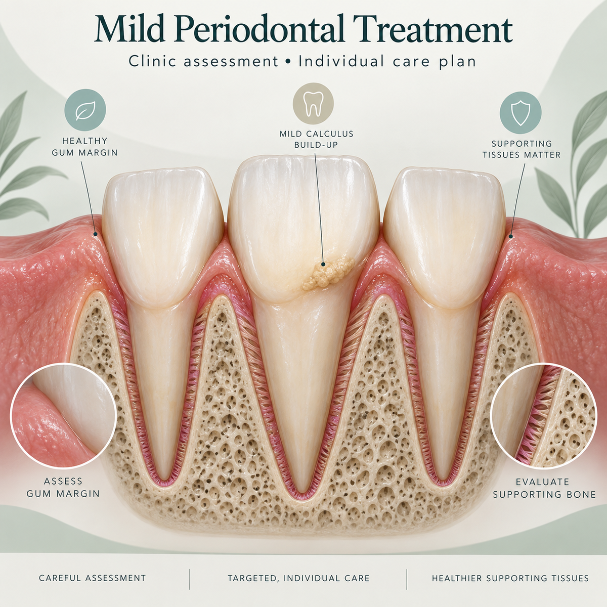 Periodontal care focuses on the teeth and supporting gums. Educational illustration.