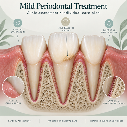 Periodontal care focuses on the teeth and supporting gums. Educational illustration.