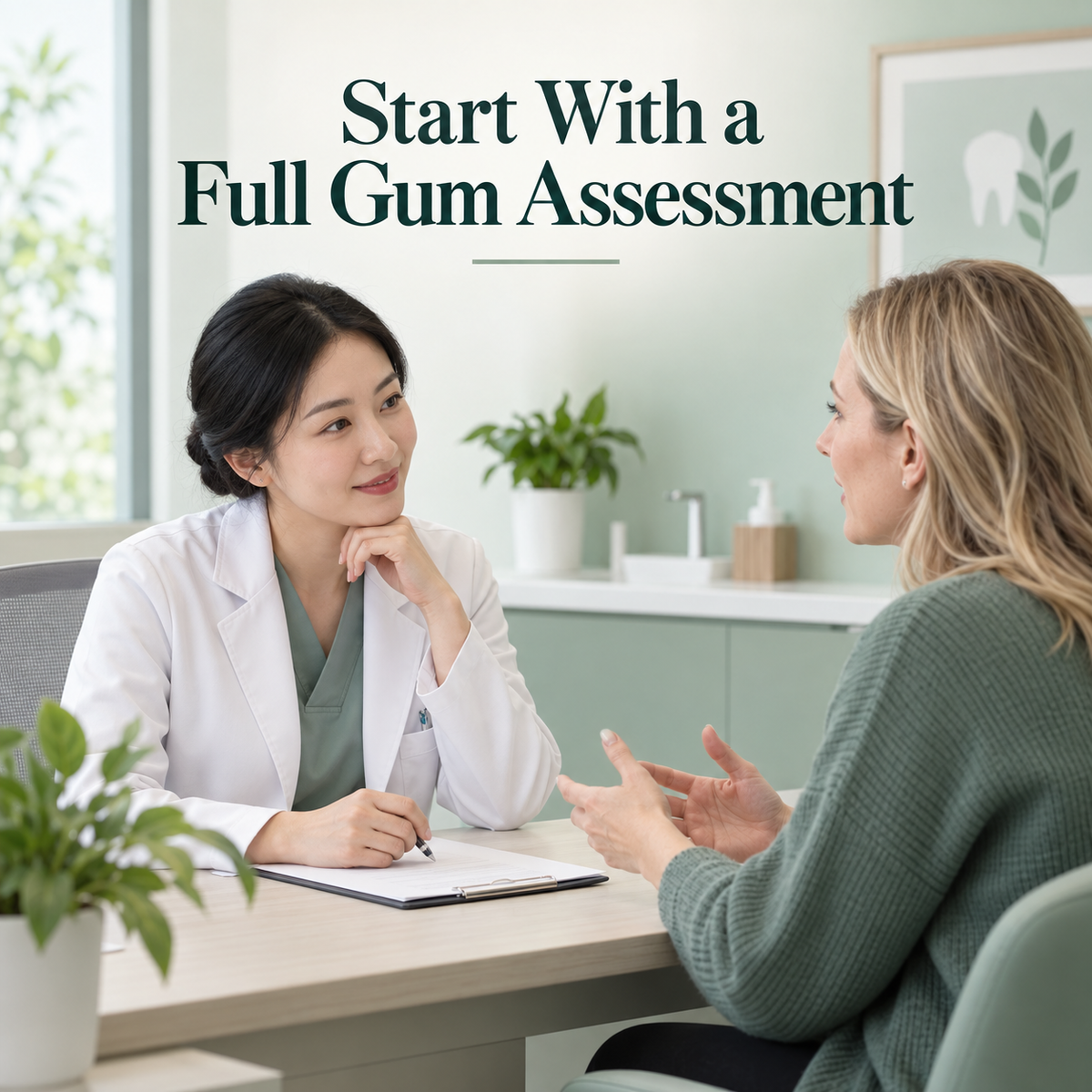 A foreign patient discusses gum concerns with a Chinese dentist. Educational illustration.