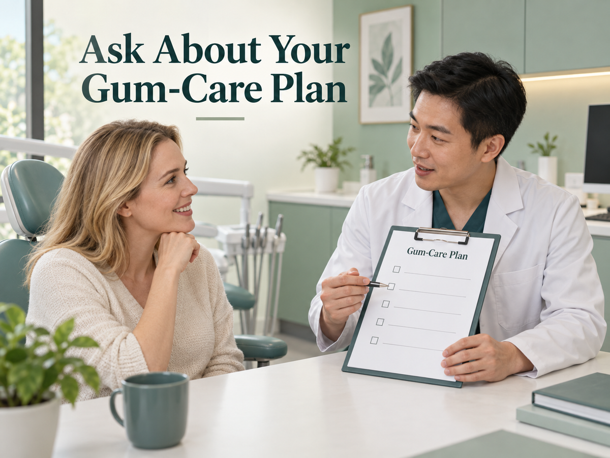 A Chinese clinician discusses periodontal care with a foreign patient. Educational illustration.