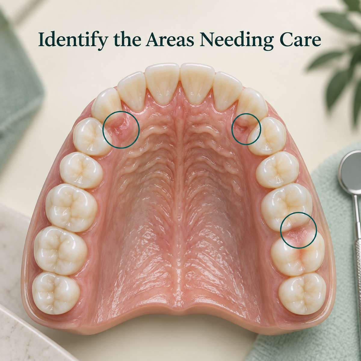 The specific sites needing care are identified. Educational illustration.