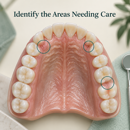 The specific sites needing care are identified. Educational illustration.