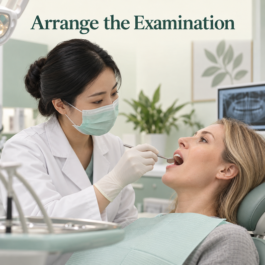 A Chinese dentist performs a periodontal assessment. Educational illustration.