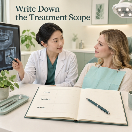 The treatment sites and scope are recorded. Educational illustration.