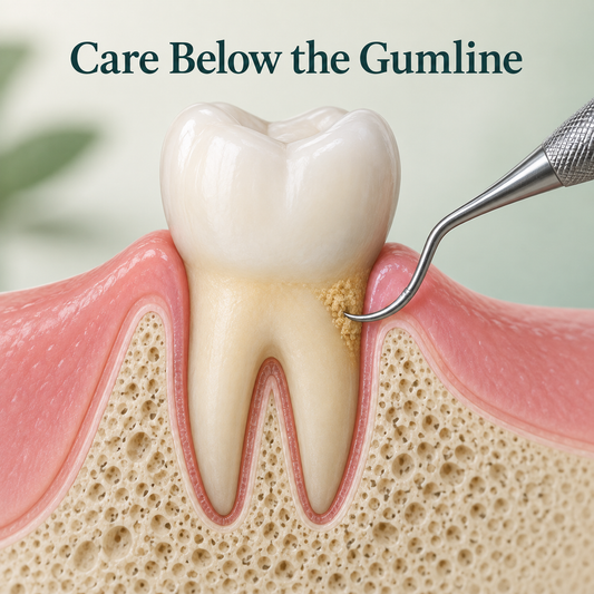 Professional care removes deposits below the gumline. Educational illustration.