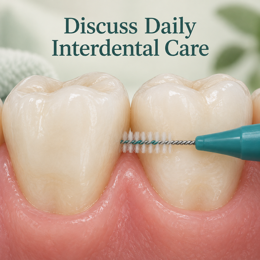 Daily interdental cleaning complements the wider plan. Educational illustration.