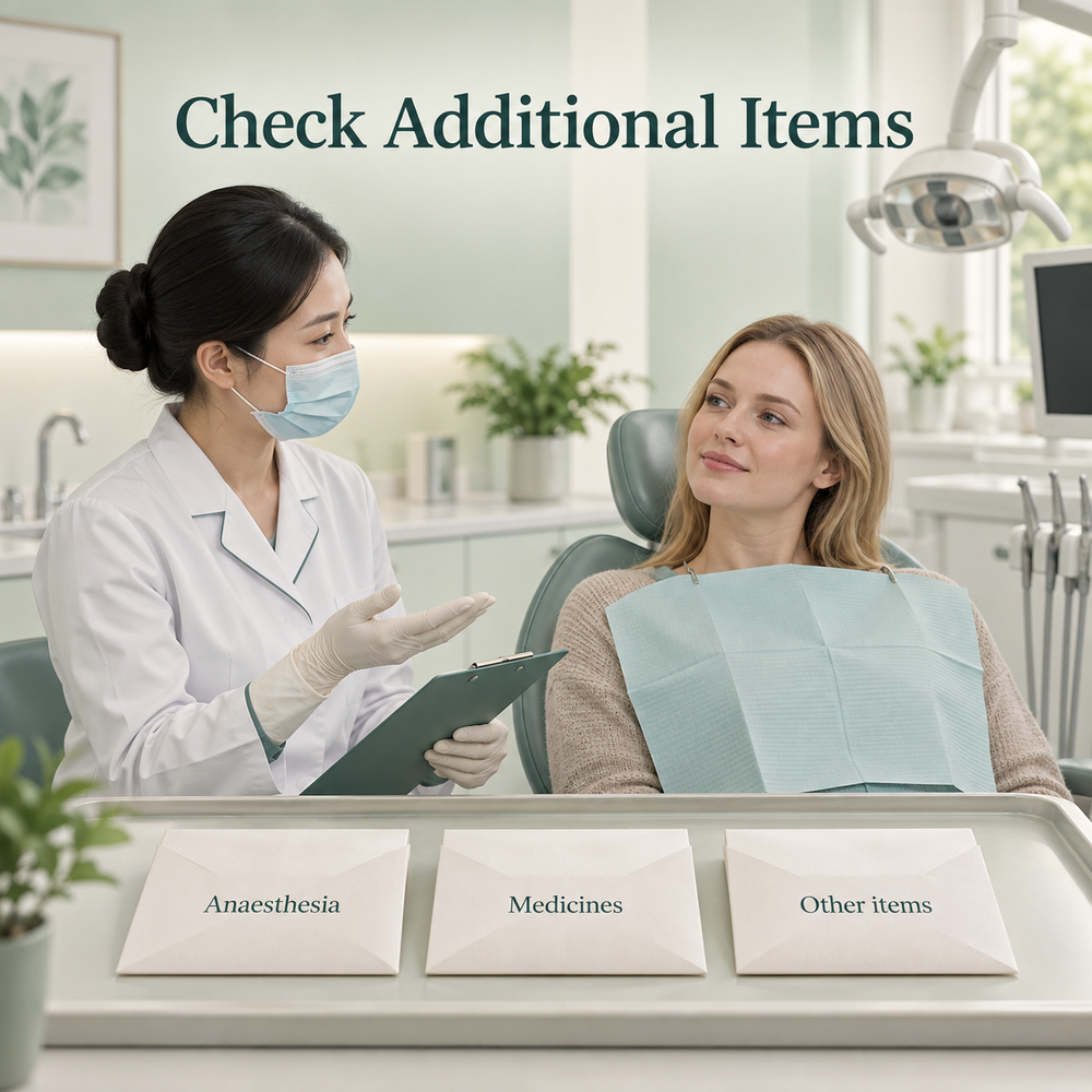 Anaesthesia and adjunctive items need confirmation. Educational illustration.