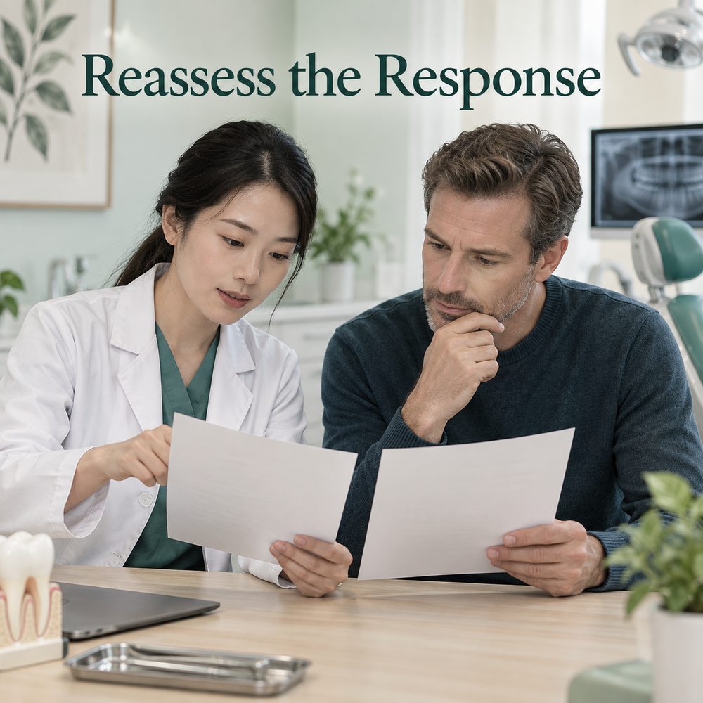 The clinician reviews the response to care. Educational illustration.