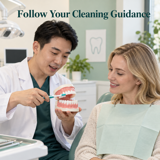 The patient follows personalised cleaning guidance. Educational illustration.