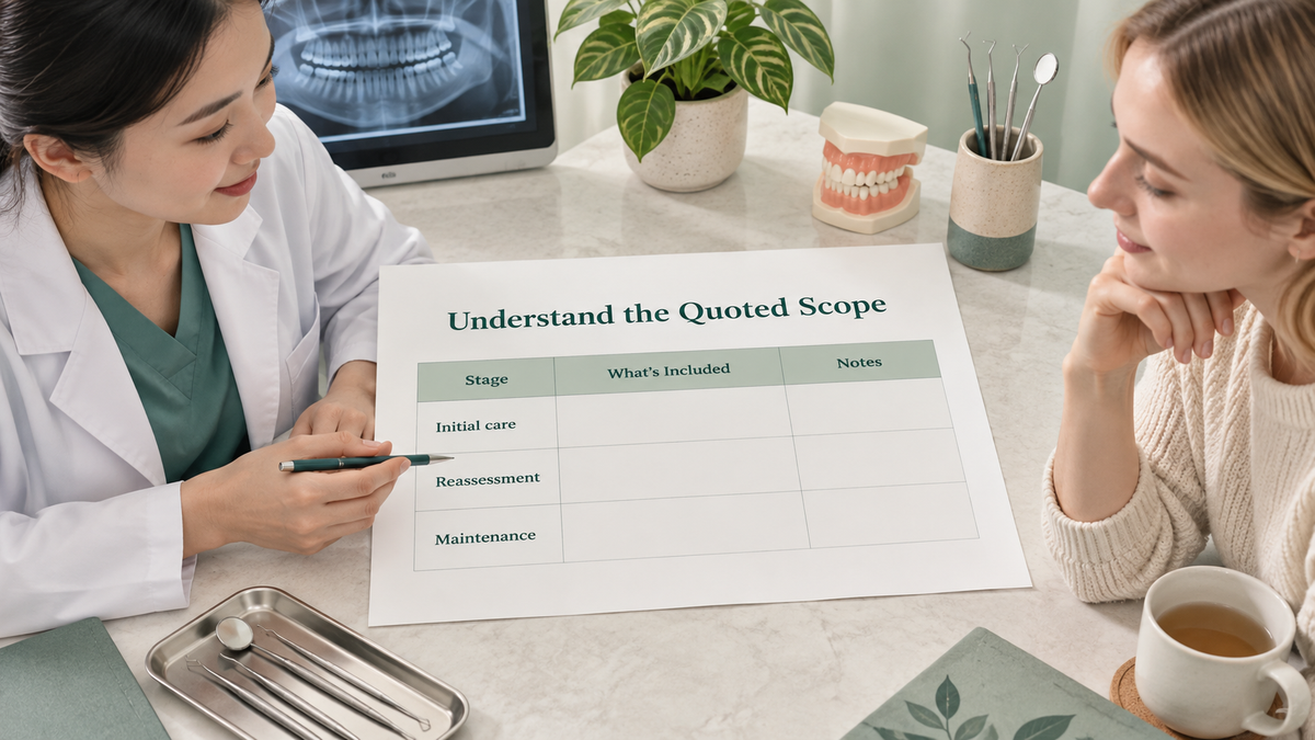 The quote separates initial care, reviews and maintenance. Educational illustration.