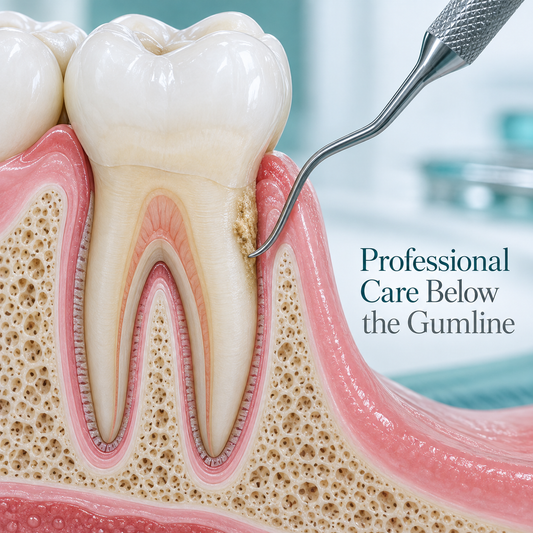 Professional Care Below the Gumline. Educational illustration.