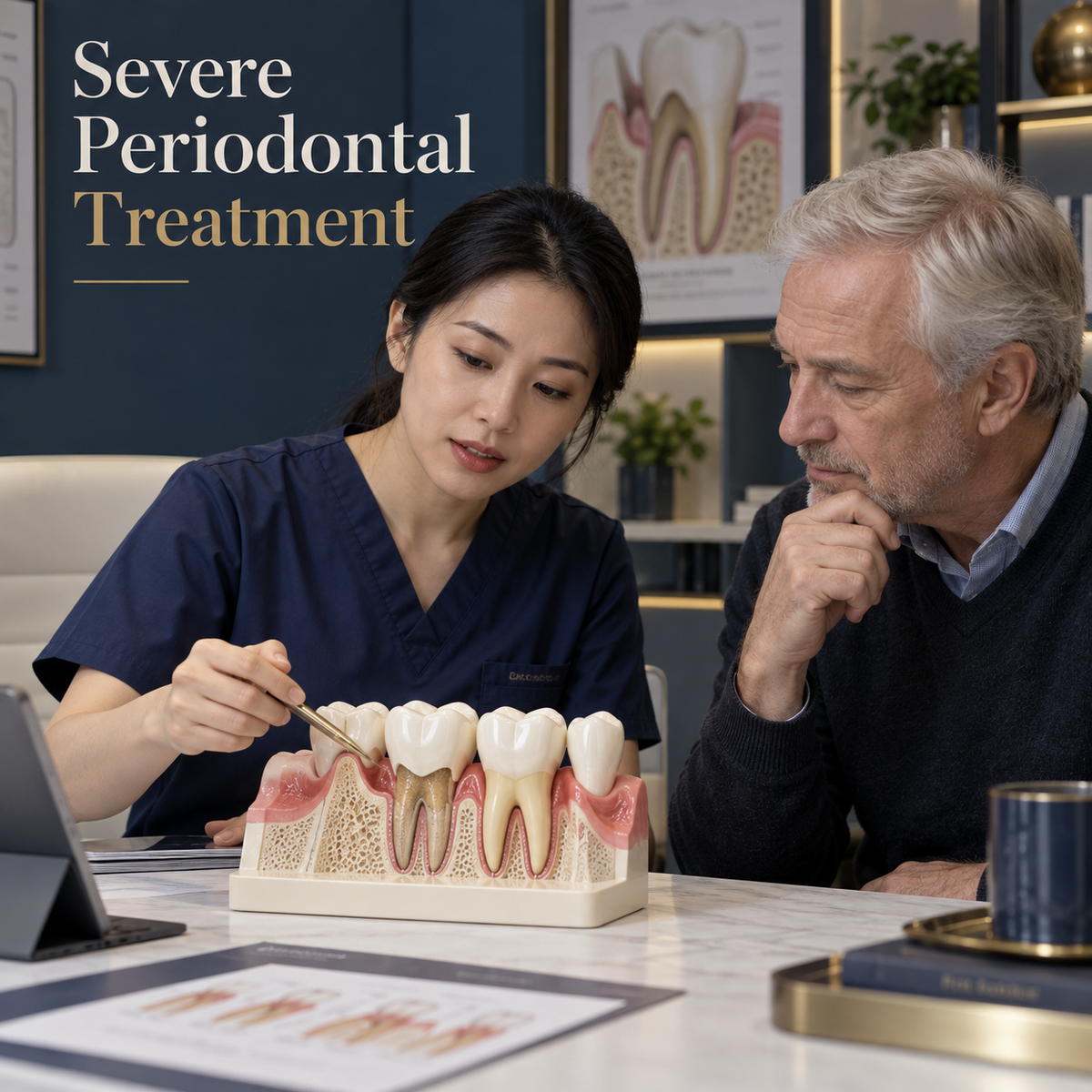 Severe Periodontal Treatment. Educational illustration.