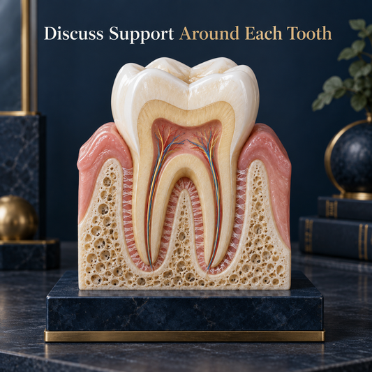 Discuss Support Around Each Tooth. Educational illustration.