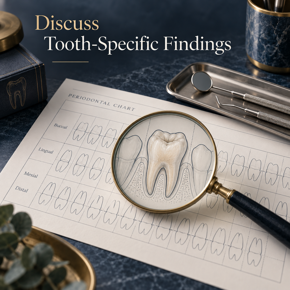 Discuss Tooth-Specific Findings. Educational illustration.