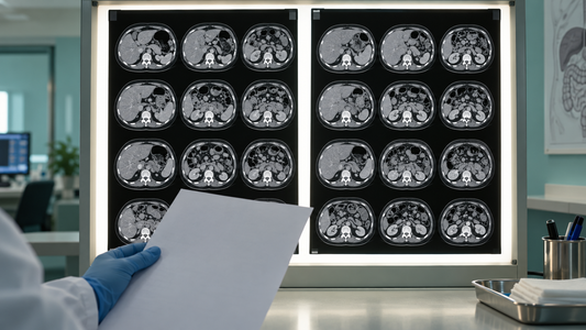 AI-generated educational illustration: imaging-review. Fictional scene, not a real patient or hospital.