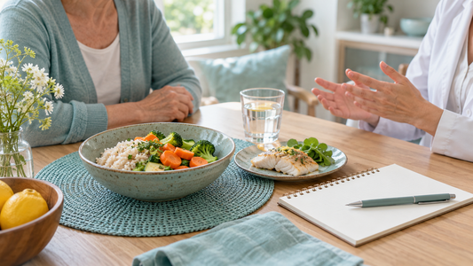 AI-generated educational nutrition consultation illustration. Fictional scene.