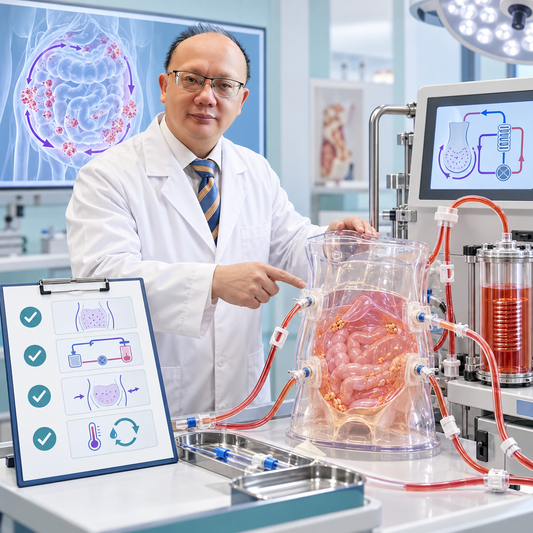 AI educational reconstruction based on Professor Hui Wang's portrait demonstrating HIPEC simulation training and a procedural checklist; not actual clinical care.