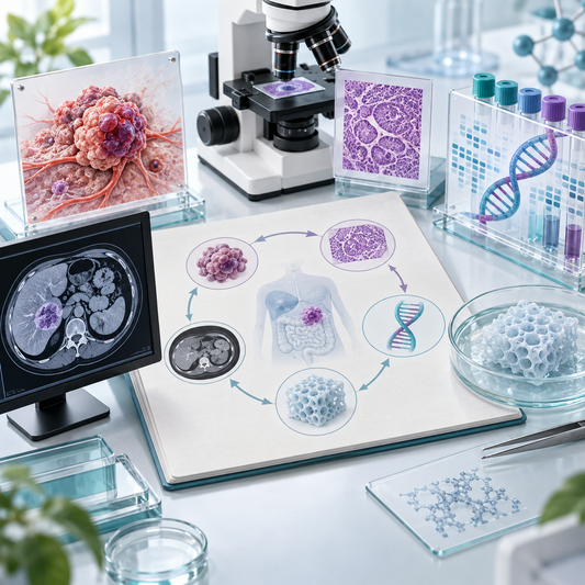 AI educational illustration connecting oncology, pathology, molecular diagnostics, medical imaging and biomaterials research.