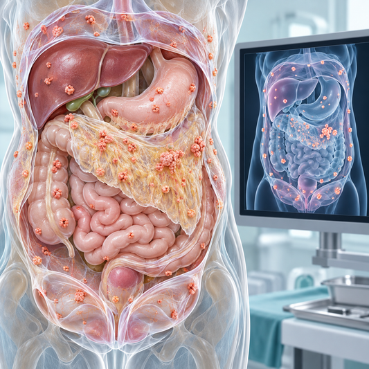 AI educational illustration of peritoneal lining and metastatic deposits for specialized disease assessment.