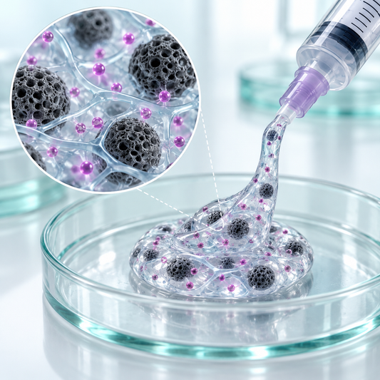 AI-generated conceptual research illustration: Injectable Hydrogel Research. Not an original study figure, patient scan or clinical result.