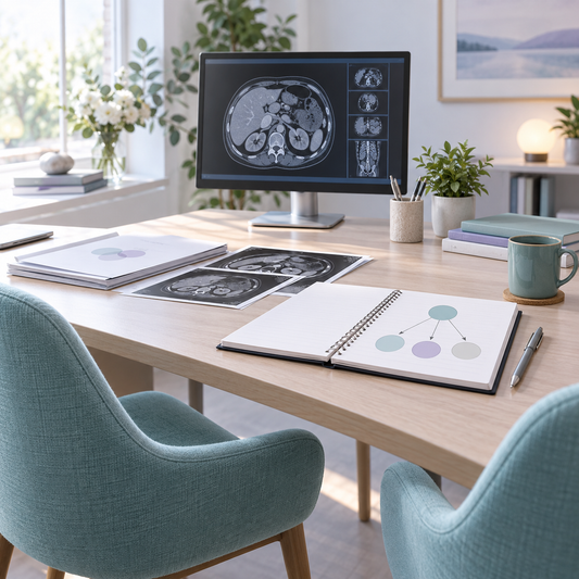 AI-generated conceptual consultation setting with medical imaging and reports for discussing an individualized assessment; not a real facility.