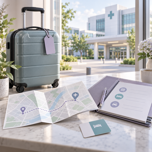 AI-generated illustration of hospital and travel planning after in-person care is recommended and accepted.