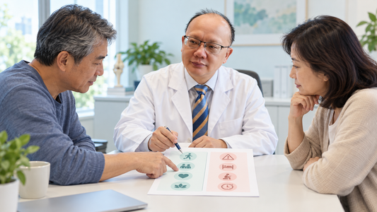 AI-generated educational illustration of benefits-risks. Clinician likeness based on Professor Hui Wang; fictional scene, not an actual patient encounter.