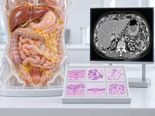 Pathology, imaging and distribution — AI-generated educational illustration.